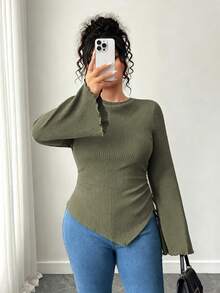 Elenzga Plus Size Solid Color Bell Sleeve Asymmetric Hem T-Shirt - Olive Green - View 6