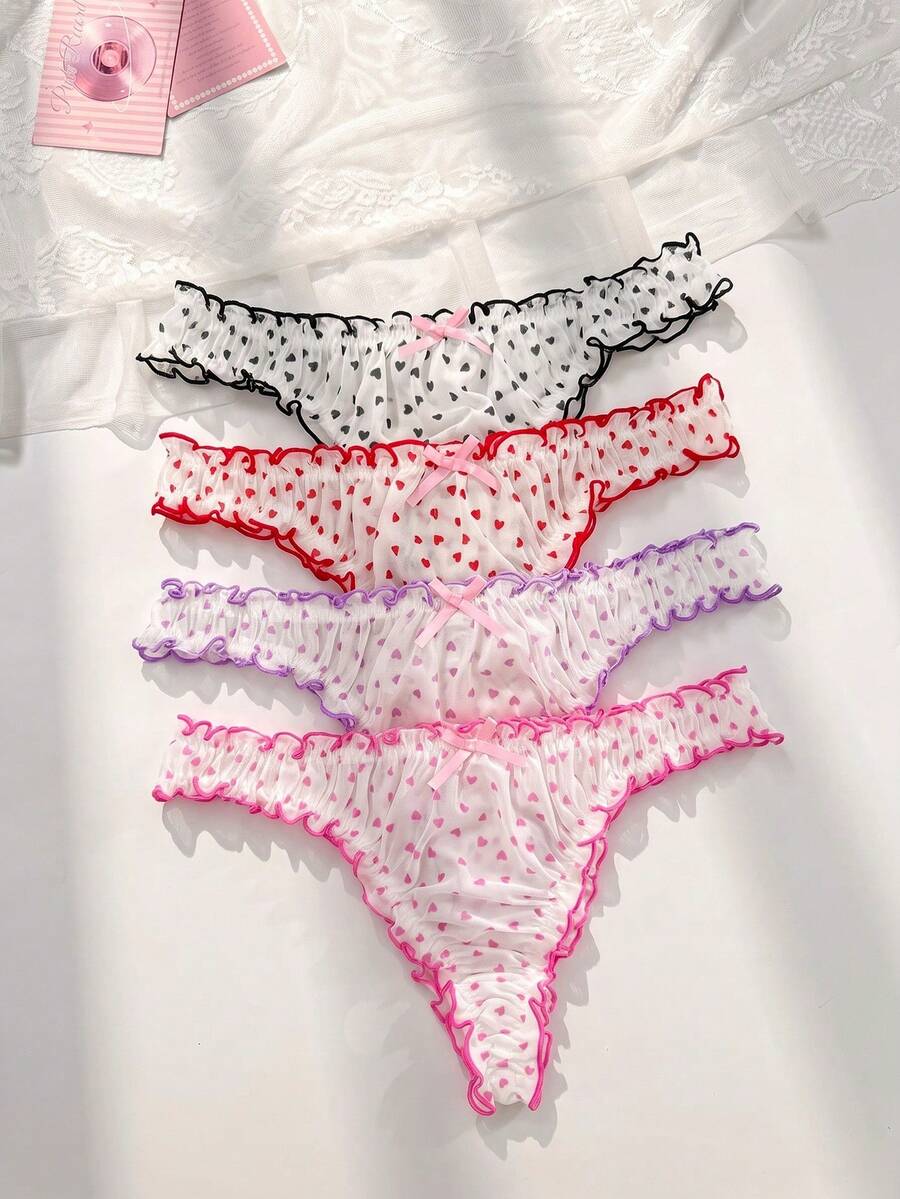 PetitDoll 4pcs Plus Size Sweet Heart Ruffle Bow Triangle Panties - Multicolor - View 1