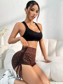 SHEIN Velisys 2件組女款無縫性感豹紋抽繩側邊跑步健身訓練瑜伽戶外3/4長運動短褲套裝 - 彩色 - 查看 6