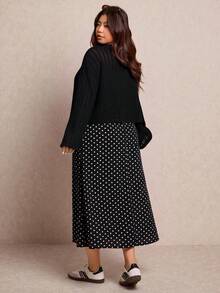 Elaquor Plus Size Solid Color Top And Polka Dot Print Dress 2 Pieces Set - Black and White - View 3