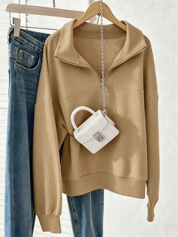 Lalippa Women's Loose Fit Zip-Up Sweatshirt With Split Collar - Khaki - View 4