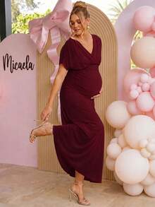 Loomaby Elegant Solid Color Maternity Party Dress - Burgundy - View 1