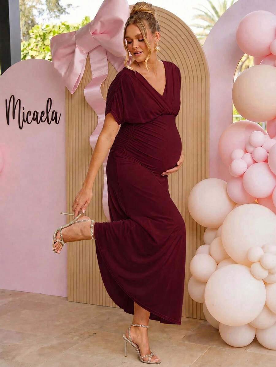 Loomaby Elegant Solid Color Maternity Party Dress - Burgundy - View 1