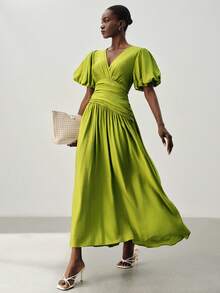 Aveloria Modichic Minimalist Design Ruched Waist Cross Neckline Petal Sleeve A-Line Long Dress For Women - Green - View 7