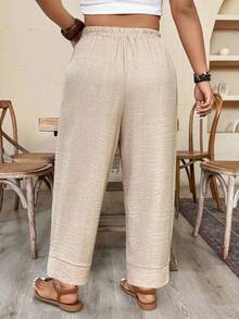 Breezaya Pantalones informales de aspecto de lino de unicolor para tallas grandes - Caqui - Ver 2