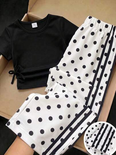 Elladie kids 2pcs/Set Young Girls Fashion Casual Spring/Summer Black Knitted Round Neck Ruched Fitted Short Sleeve Top With Black And White Polka Dot Side 4-Stripe Wide Leg Long Pants, Back To School Outing Shopping Activity Wear, Girls Summer Outfit, Girls Casual Set, Girls Clothing