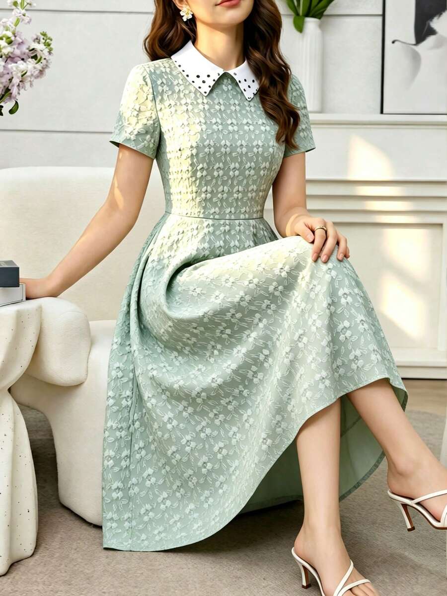 SHEIN 菱形领口，提花织纹面料，法式A字长裙，优雅高腰修身设计，时尚优雅，适合夏季少女穿着