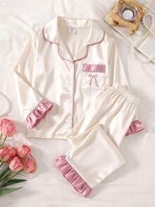 女童淺粉色緞面純色刺繡荷葉袖長袖居家服褲裝兩件套，春秋款 - 粉色 - 查看 4