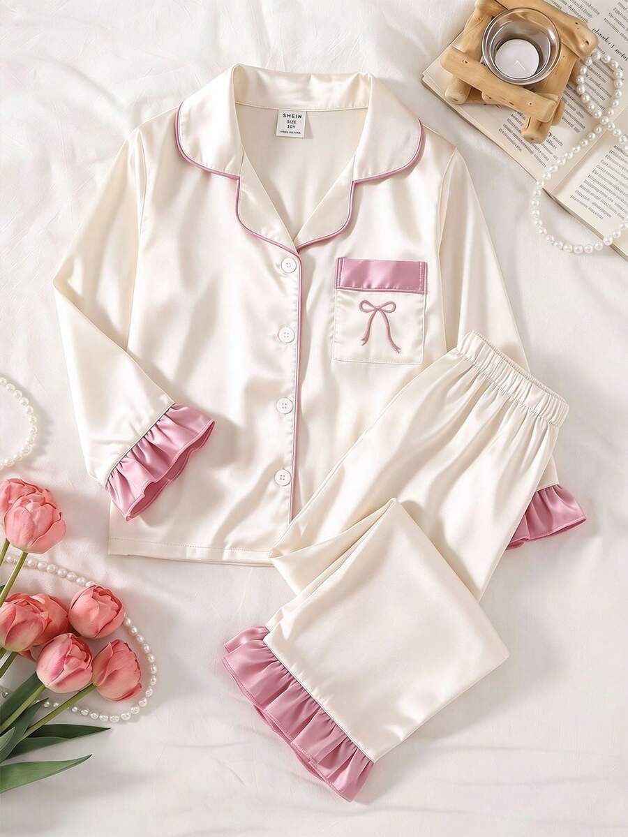Girls' Light Pink Satin Solid Color Embroidered Ruffle Sleeve Long Sleeve Pants Loungewear 2 Pieces Set, Spring/Autumn - Pink - View 1