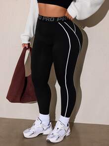 SHEIN Rhythm Era Women's Plus Size Letter Waistband Casual Sports Leggings - Black - View 7