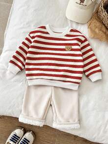 LMoss Kids 男嬰秋冬條紋圓領衛衣與長褲套裝，保暖內裡加厚兩件套服裝 - 彩色 - 查看 6