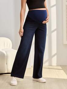 SHEIN Maternity Casual Washed High Waist Straight Leg Jeans Dates Gender Reveal Navy Blue Summer - Multicolor - View 1