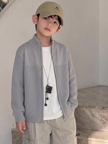 SHEIN Kids Tween Boy Casual Korean Style Versatile Open Front Knit Cardigan Sweater Suitable For School Daily Casual College Outings Sports Autumn Winter Wear - Grey - View 5