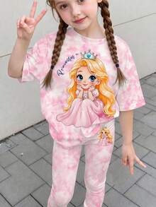 Young Girl Young Girls Simple Casual Short Sleeve Cartoon Pattern Leggings 2 Pieces Set - Multicolor - View 4