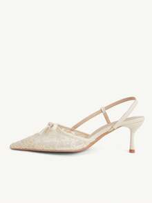 CUCCOO CHICEST Women Shoes Multicolor Lace Embroidered Pointed Low Heel Tripple Sandals, Bow Design, Commuter Dating Wedding Gentle Style Versatile Women's Shoes - Apricot A - View 7