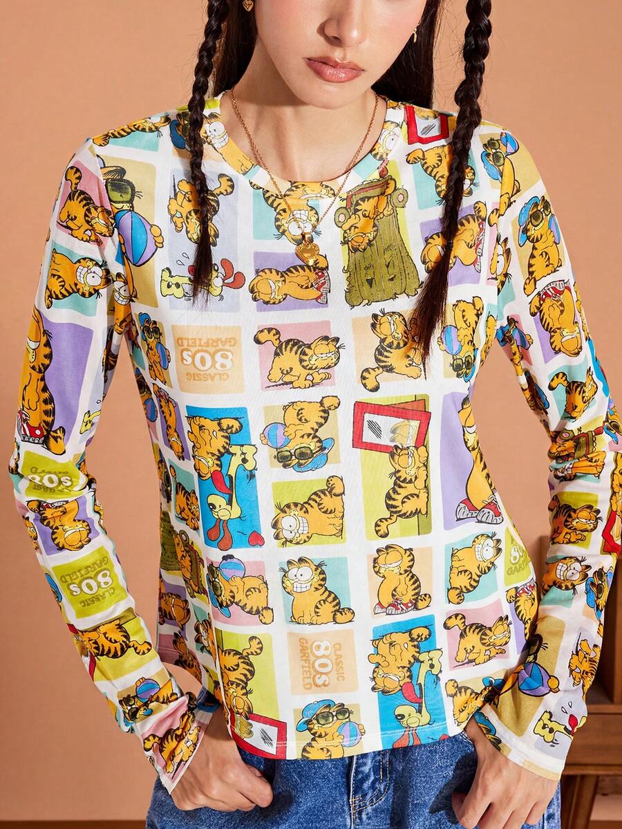 GARFIELD | SHEIN Áo thun dài tay in họa tiết hoạt hình thường ngày dành cho nữ, mùa xuân/thu - Nhiều màu - Xem 1