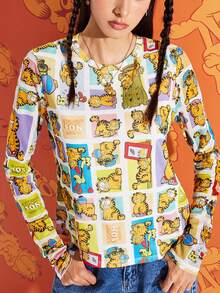 GARFIELD | SHEIN 女士休闲卡通印花拼布长袖 T 恤，春/秋 - 彩色 - 查看 5