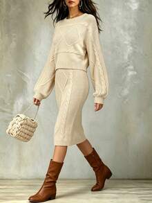 Balvessa Women's Spring Autumn Winter Soft Beige Diamond Cable Knit Sweater Set 2 Pieces Casual Elegant Loose Short Crew Neck Long Sleeve Sweater Brunch - Apricot - View 5