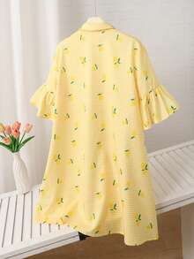 SHEIN Tween女孩休閒學院風領口黃色格紋印花 7/10袖喇叭袖寬鬆下擺洋裝 黃色返校穿搭 秋/冬穿搭 - 黃色 - 查看 2