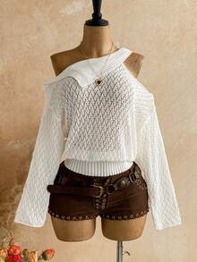 Soleia Women's Solid Color Asymmetric Collar Long Sleeve Hollow Out Loose Knit Sweater - White - View 7