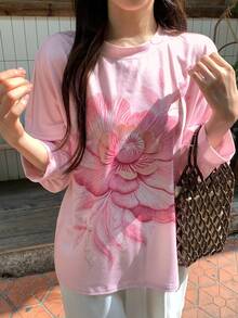 DAZY 女款花卉印花圓領休閒落肩長袖T恤 秋季 - 粉色 - 查看 6