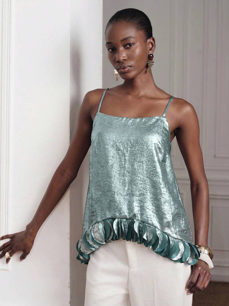 Aveloria Modichic Women's Top Loose A-Line Metallic Luster Spaghetti Strap Petal Ruffle Hem Elegant Sexy Party Night Out Cocktail Date Light Teal Solid New Year Summer - Blue - View 5