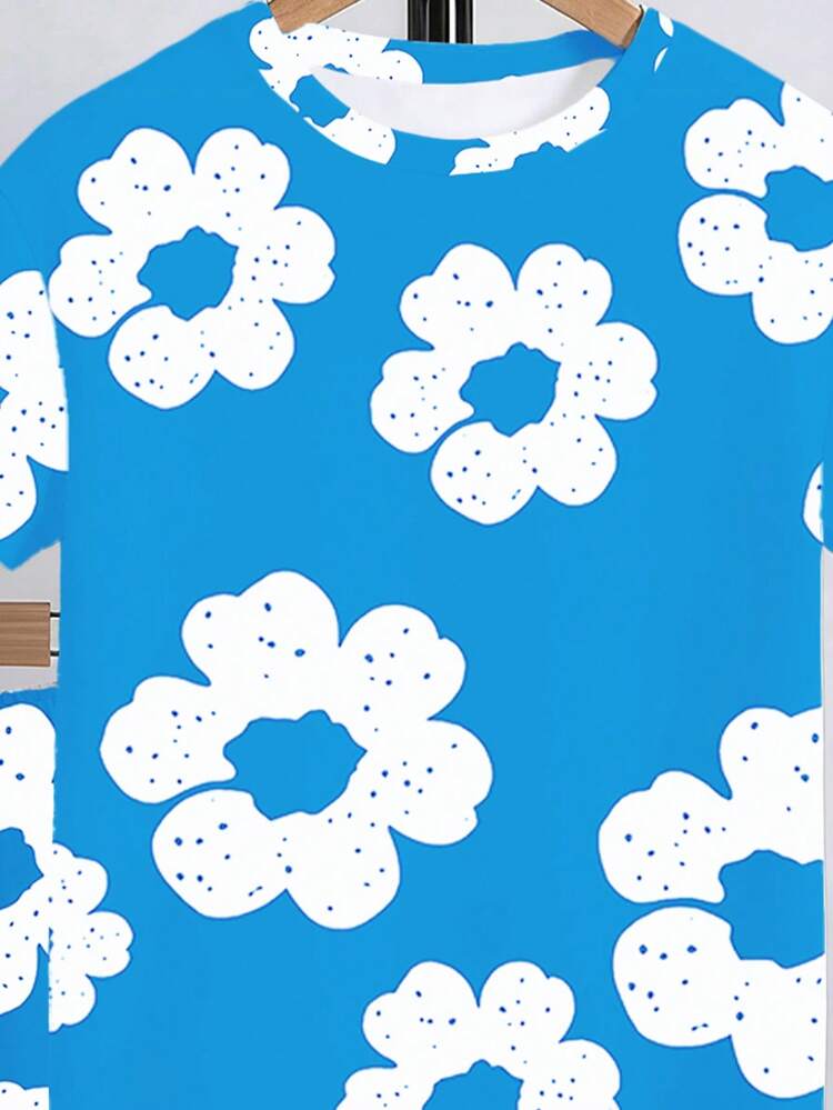 SHEIN Coolqubz Boys' Summer Casual Aqua Blue T-Shirt And Shorts Set,City Break Fashionable Large White Flower Print Refreshing Creative Daily Wear Outfit - Multicolor - View 7