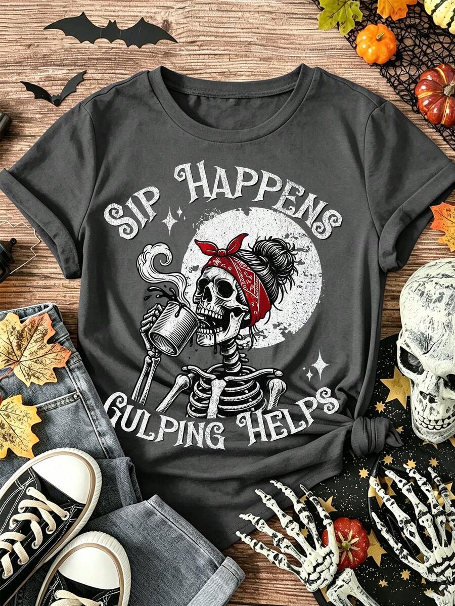 EMERY ROSE Halloween Skull Girl Print Crew Neck Short Sleeve T-Shirt - Dark Grey - View 1