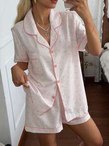 CottageSlumber Romantic Ditsy Floral Lapel Short Sleeve Shorts Pajama Set - Baby Pink - View 4