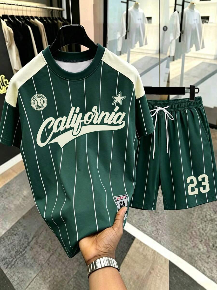 Manfinity Hypemode California No.23 深綠色條紋運動套裝,男士經典學院休閒運動條紋短袖T恤與短褲套裝,中性學院休閒運動套裝 - 彩色 - 查看 1