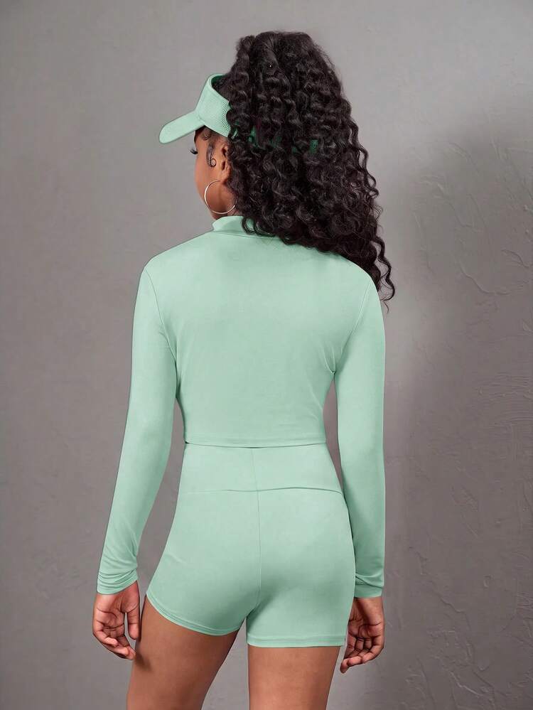 SHEIN Young Girl Solid Color Long Sleeve Zip-Up Jacket Vest With Shorts Sports Set - Green - View 8