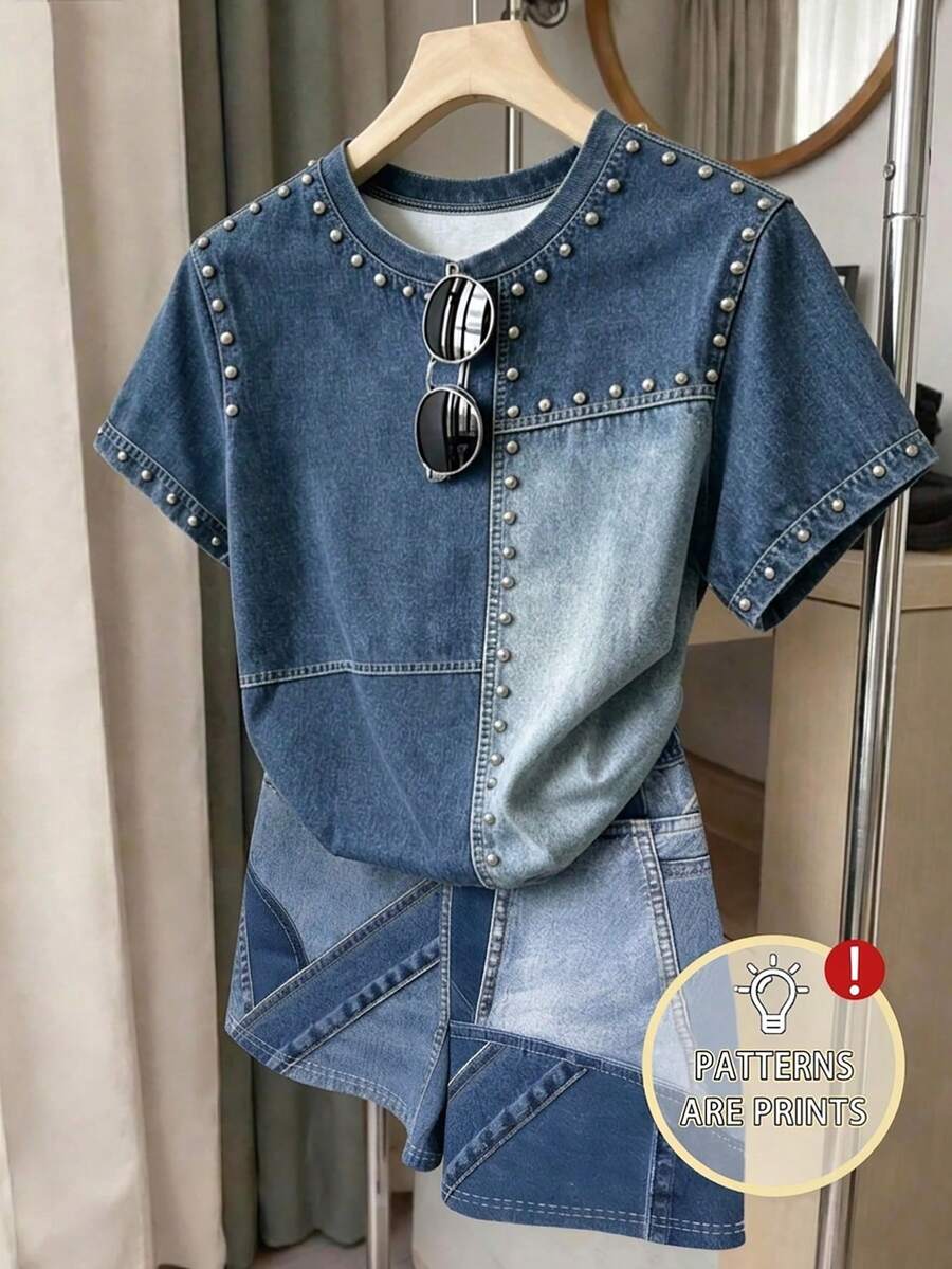 SHEIN 2件組女童休閒時尚簡約仿手工印花短袖T恤與短褲套裝,美式復古街頭印花設計,適合8-12歲女孩,四季通用春夏秋冬 - 白色 - 查看 1