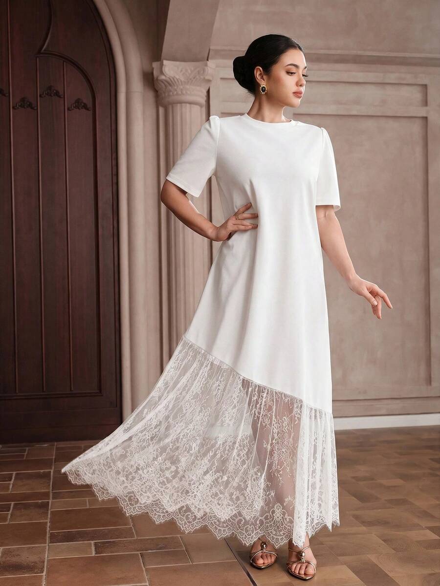 Graceveil Women's Solid Color Round Neck Short Sleeve Lace Hem Elegant Long Dress - White - View 1