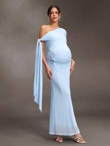 Cheriluna Maternity 孕婦藍色不對稱單肩繫帶拍照禮服 - 淺藍色 - 查看 6
