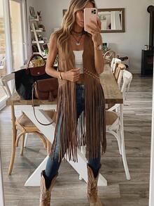 Brillora Studded Detail Fringe Hem Vest Coat In Fall/Winter - Coffee Brown - View 9