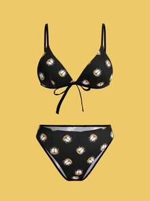 GARFIELD | SHEIN Women Sexy Cute Cartoon Print Tie Back Comfortable Bra And Panty Set - Black - View 8