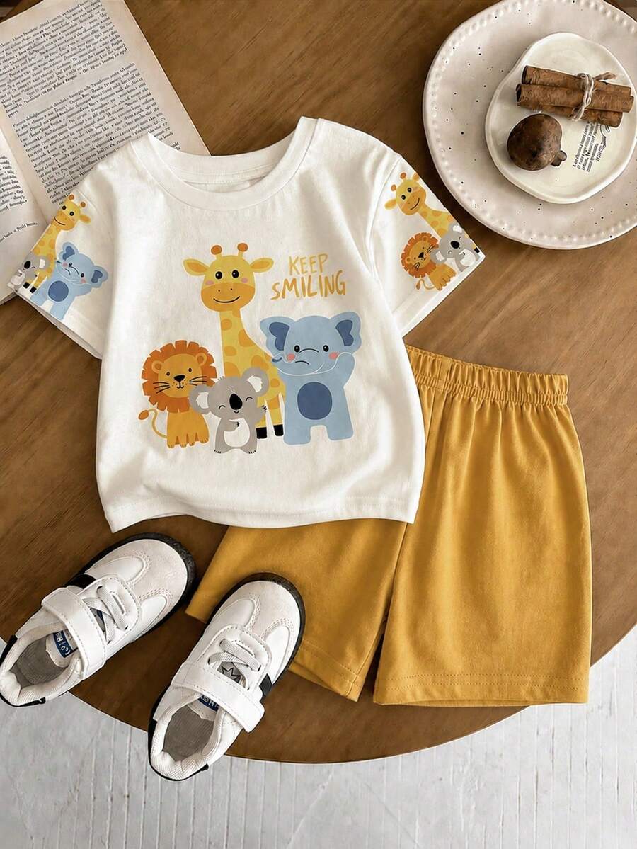Baby Boy Casual Simple Cartoon Print Round Neck Short Sleeve T-Shirt And Shorts 2pcs Set Suitable For Summer Casaul Versatile - Multicolor - View 1