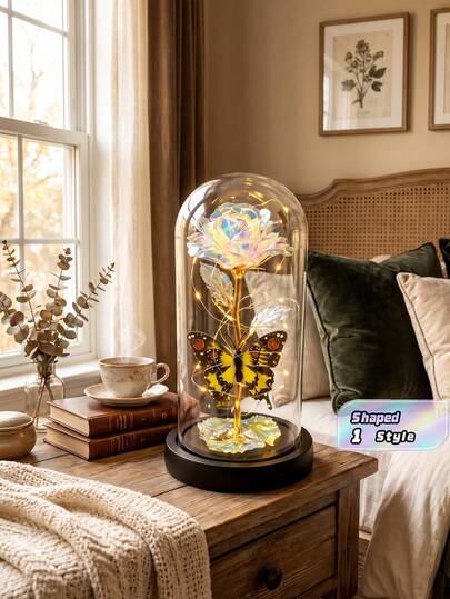 1 Pieza de Lámpara de Rosa Eterna, Flor de Rosa Eterna con Lámina LED, Regalo del Día de San Valentín, Regalo para un Amante, Decoración del Hogar para Boda y Cumpleaños (Diseño de Mariposa de Gema), Regalo de Graduación
