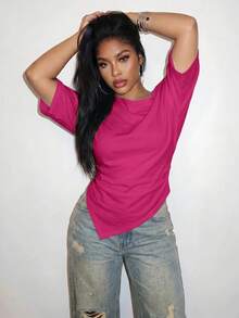 Slaydiva 2026 Spring/Summer Women's Plus Size Solid Color Asymmetrical T-Shirt - Hot Pink - View 4