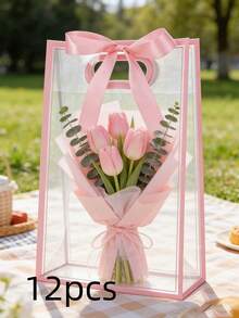 12pcs Transparent Gift Bags With White Edges And Satin Bow Tie; Reusable Clear PVC Tote Bags; Suitable For Wedding, Bridal Shower, Birthday Gift Wrapping, Baby Christening Also Suitable For Displaying Fresh Flowers In Boutiques - Transparent Pink-edged Gift Bag (with Ribbon) - View 11