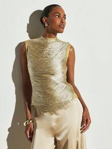 KSTM Sleeveless Mock Neck Metallic Gold Textured Tank Top With Back Zipper And Ruched Bead Detail For Evening Party - Gold - View 4