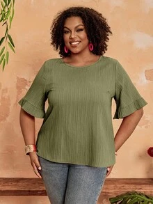 BrightlyHer Blusa de mangas cortas con volantes en el bajo, de talla grande, de estilo sencillo, de moda casual para uso diario y vacaciones, para mujer, primavera/verano - Verde militar - Ver 1