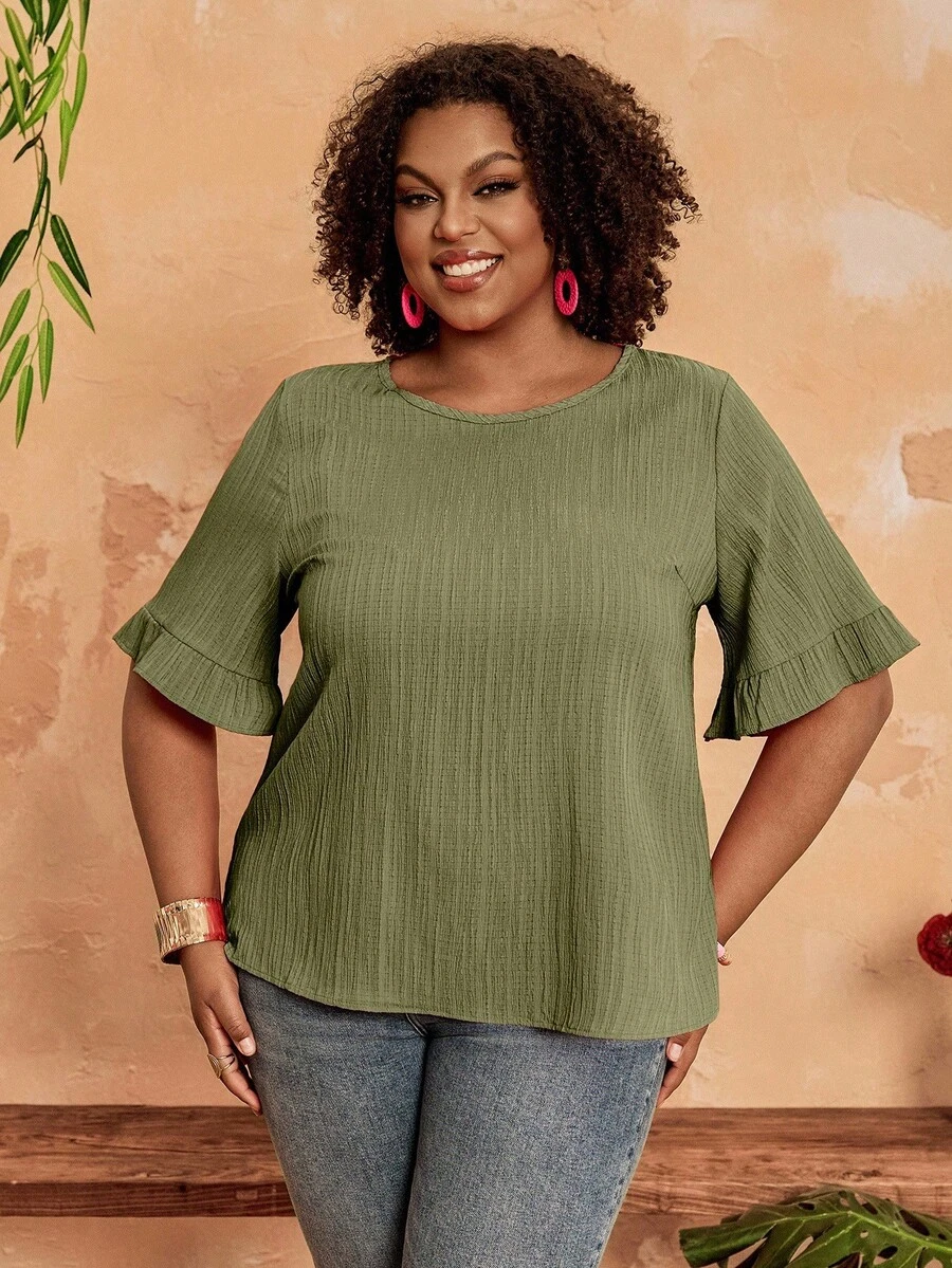 BrightlyHer Blusa de mangas cortas con volantes en el bajo, de talla grande, de estilo sencillo, de moda casual para uso diario y vacaciones, para mujer, primavera/verano - Verde militar - Ver 1