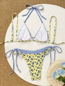 Swim Vcay 女款格紋花卉印花拼色 2 合 1 比基尼上衣與三角褲性感泳衣套裝 - 彩色 - 查看 2