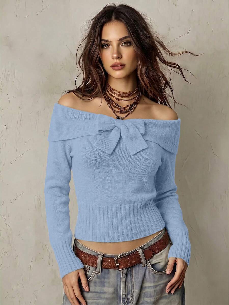 Franclia Sweater Rajut Wanita Minimalis dengan Kerah, Pita, Simpul Pita, Bahu Terbuka, Lengan Panjang, Warna Polos - Biru - View 1