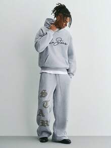 Sonviro Men's Dark Grey Winter Streetwear Hoodie And Sweatpants Set,Embroidered Letter Thermal Lined Sweatshirt&Wide Leg Jogger Set,City Break Back-To-School - Grey - View 3