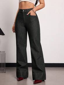 SHEIN EZwear 大尺碼女款高腰直筒寬鬆休閒百搭牛仔褲，附口袋 - 黑色 - 查看 3