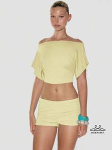 MUSERA Boatneck Batwing Sleeve Fitted Waist Extreme Cropped Top - Light Yellow - View 1