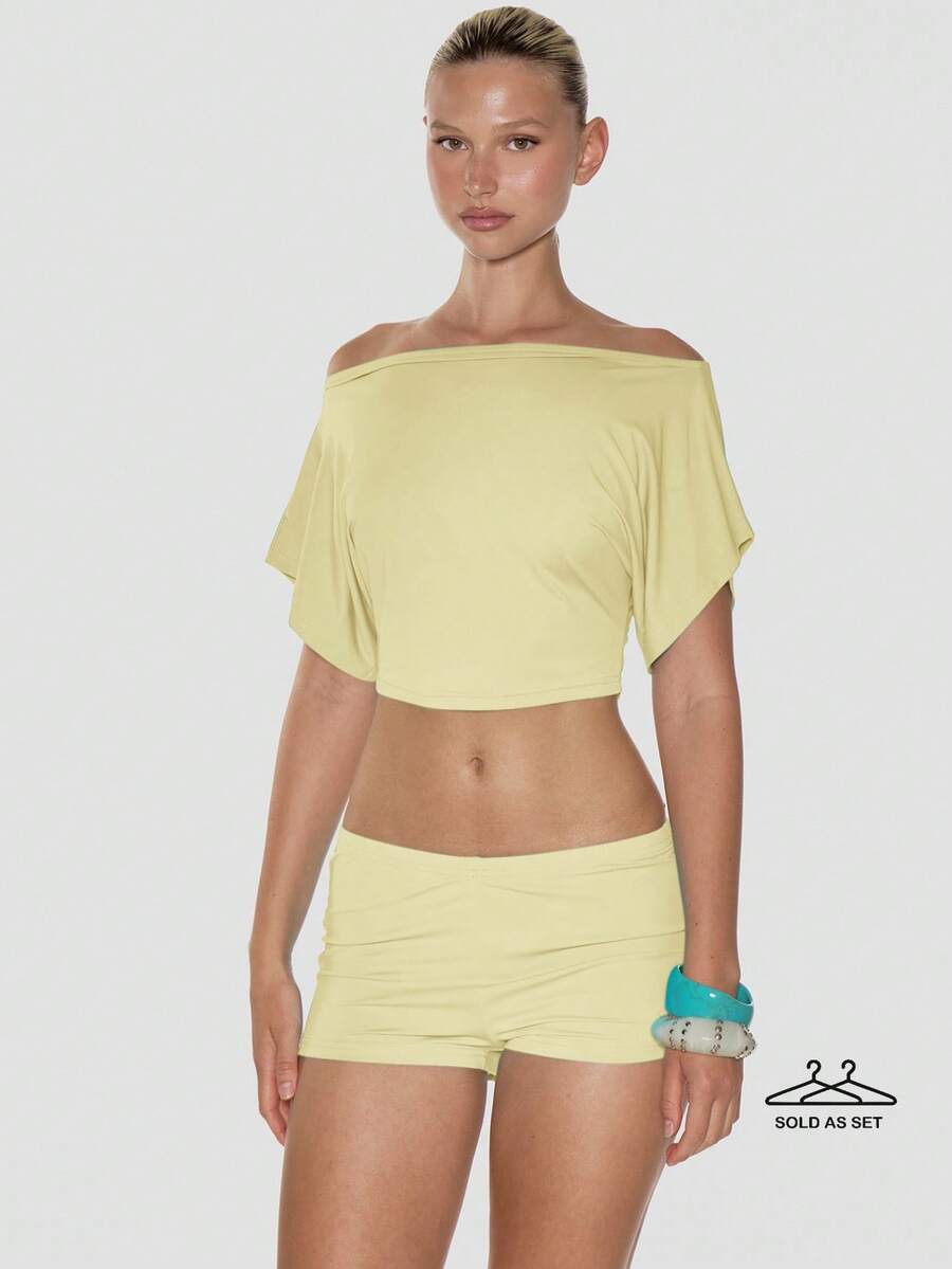 MUSERA Boatneck Batwing Sleeve Fitted Waist Extreme Cropped Top - Light Yellow - View 1