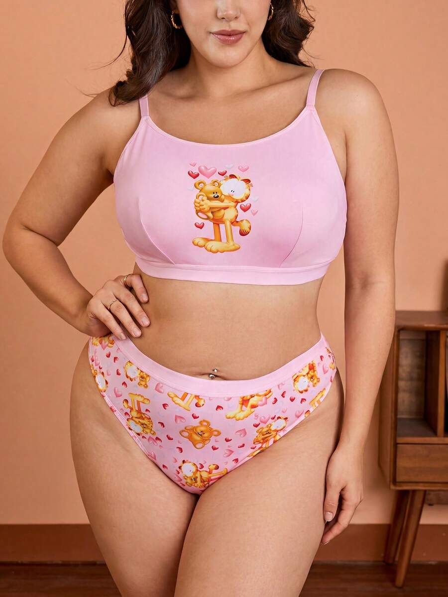 GARFIELD | SHEIN 大码粉色舒适可爱卡通印花无钢圈文胸和内裤套装 - 粉色 - 查看 1